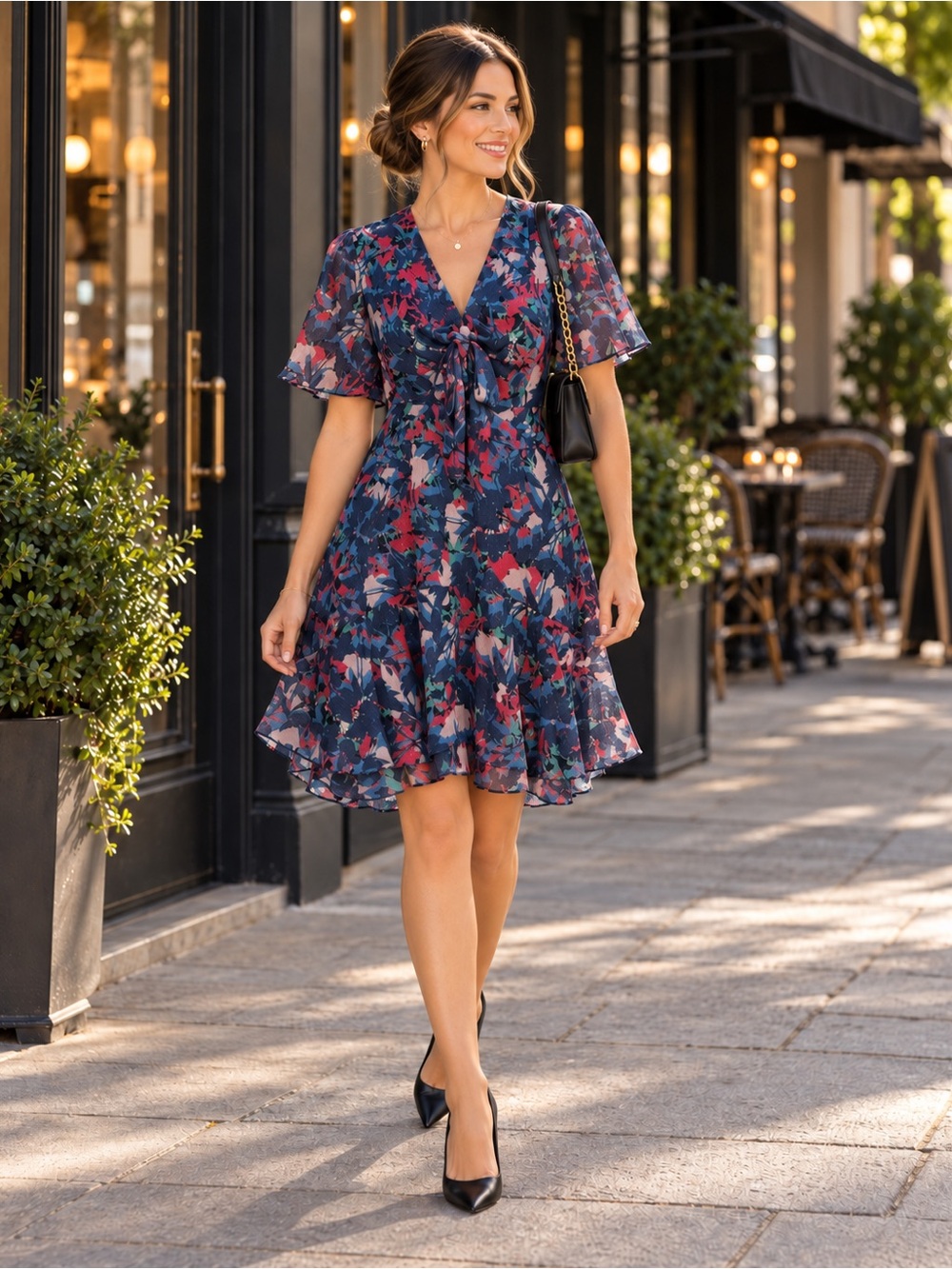 Harlyn Navy Multi Abstract Floral Metallic Chiffon Tie Front Dress NWT Size L